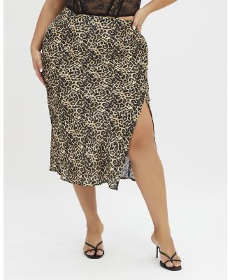 You & All - Multi Animal Print Satin Skirt Leopard Split Midi - Skirts (Brown) Multi Animal Print Satin Skirt Leopard Split Midi