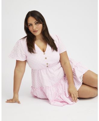 You & All - Pink Check Fit and Flare Dress Short Sleeve Tiered - Dresses (Pink) Pink Check Fit and Flare Dress Short Sleeve Tiered