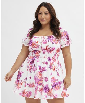 You & All - Pink Floral Short Sleeve Shirred Waist Fit and Flare Dress - Dresses (Pink) Pink Floral Short Sleeve Shirred Waist Fit and Flare Dress