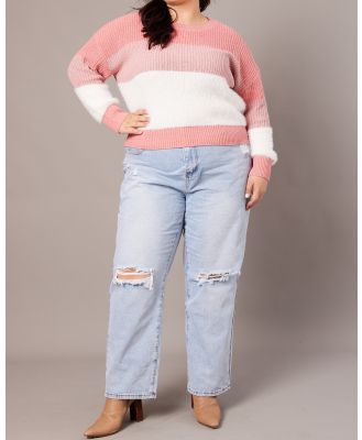 You & All - Pink Stripe Knit Jumper Long Sleeve Crew Neck Oversized - Tops (Pink) Pink Stripe Knit Jumper Long Sleeve Crew Neck Oversized