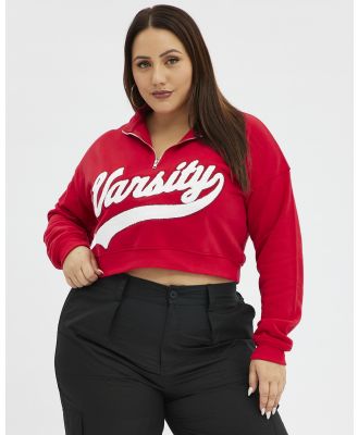 You & All - Red Cropped Sweatshirt Zip Up Varsity Fleece - Cropped tops (Red) Red Cropped Sweatshirt Zip Up Varsity Fleece