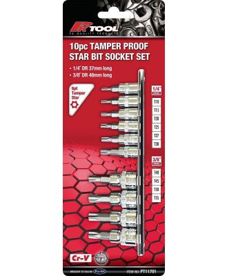 PKTool PT11701 - Socket Set Tamperproof Torx 1/4 & 3/8 Drive 10 Piece On Rail